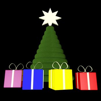 Christmas tree with gifts over black, 3d render