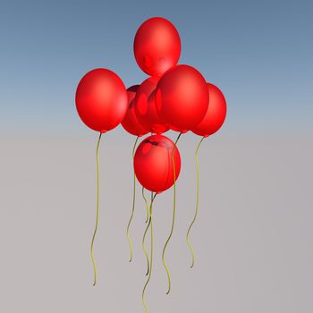 Red balloons flying in the air, 3d render