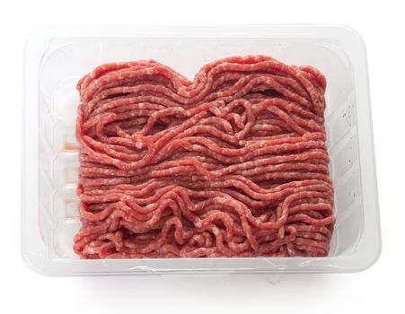 Fresh minced meat in the transparent plastic box