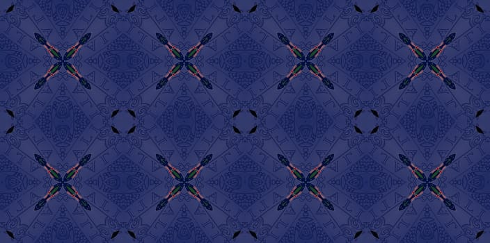 Blue Ethnic pattern. Abstract kaleidoscope fabric design.