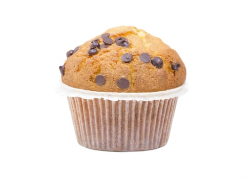 Macro picture of a chocolate muffin on white background.