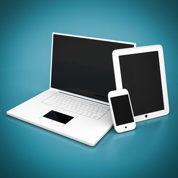 Laptop, tablet and smartphone on a blue background