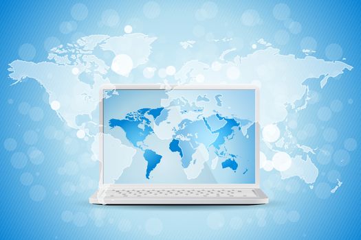 Blue Business Background with World Map and Modern Laptop