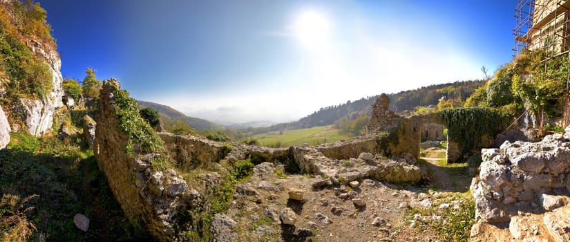 Old Kalnik mountain fortress ruins panoramic view, Prigorje, Croatia