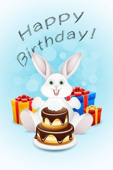 Happy Birthday Card with Rabbit, Cake and Gifts