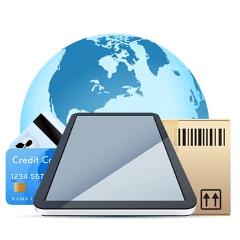 Clear Touch Pad Personal Computer with Cardboard Box and Bank Cards over Earth Globe isolater on white background