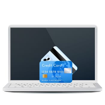 Modern Laptop with Bank Cards Isolated on White Background
