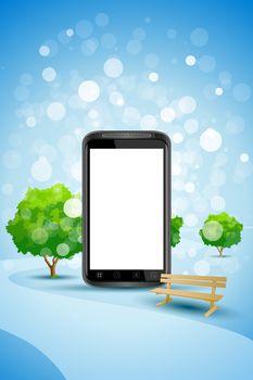 Blue Background with Empty Mobile Phone bench and trees