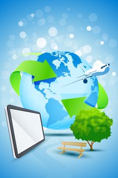 Abstract Background with Planet Earth Airplane Tablet Computer Bench and tree