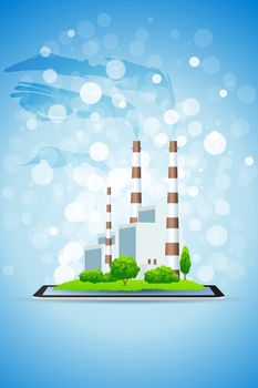 Power Plant with Trees and Grass on Tablet Computer