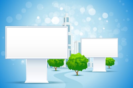 Blue Business Background with City and Blank Billboard Signs