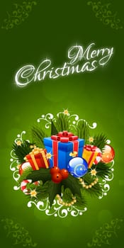 Christmas Greeting Card. Merry Christmas lettering with Christmas Decorations