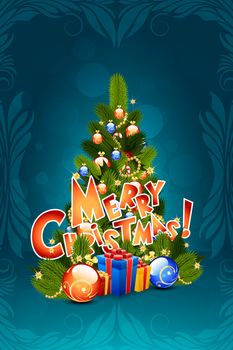 Christmas Greeting Card. Merry Christmas lettering with Pine Tree