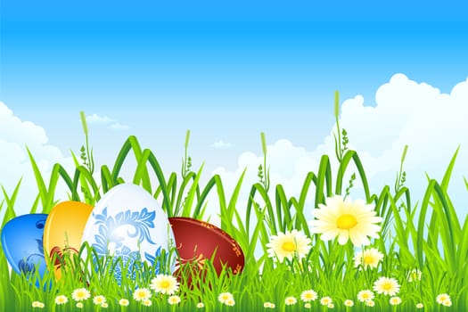 Easter eggs in the grass with flowers and clouds