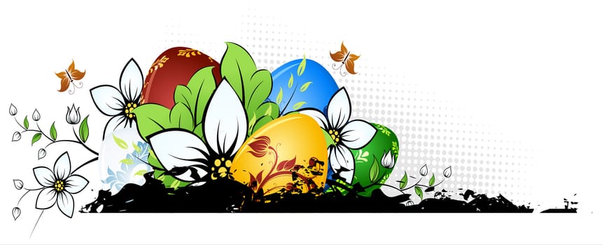 Easter Background with Eggs Flowers and Butterfly