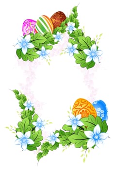 Flower Frame with Green Leaves and Easter Eggs