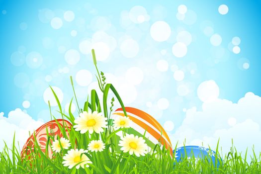 Easter Eggs inthe Grass with Flowers and Clouds