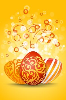 Easter Eggs with ornament decoration and sparkles on orange background