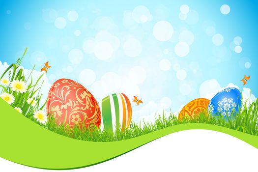 Beautiful Easter Background with Flowers Grass Clouds and Butterfly