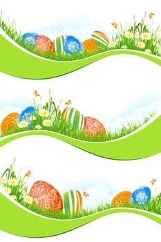 Easter Banners Set with Flowers and Eggs Isolated on White