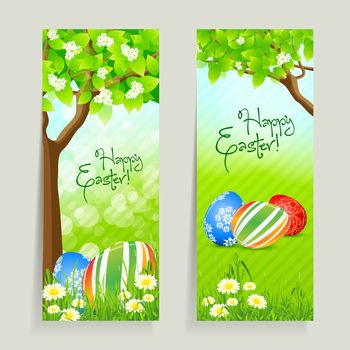 Set of Easter Cards with Decorated Eggs, Flowers, Grass and Tree