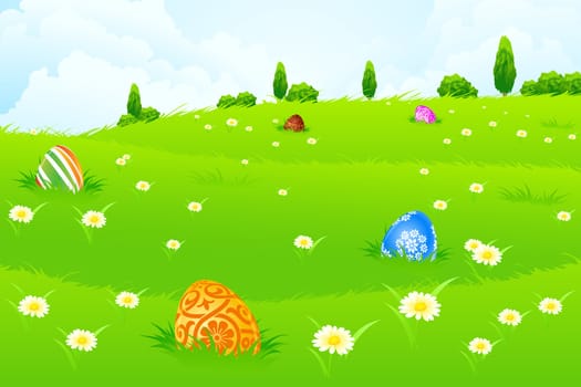 Green Landscape Background with Easter Eggs, Flowers, Trees and Clouds