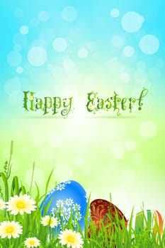 Beautiful Easter Background with Grass Flowers and Eggs