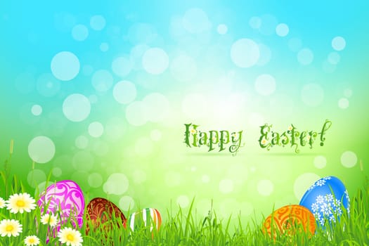 Beautiful Easter Background with Grass Flowers and Eggs