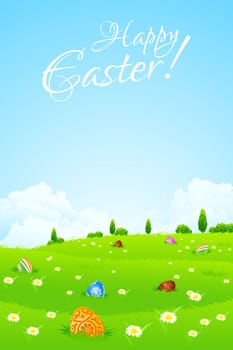 Green Landscape Background with Easter Eggs, Flowers, Trees and Clouds