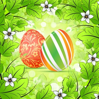Illustration of Colorful Painted Easter Eggs in Frame of Leaves and Flowers