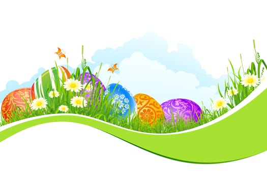 Beautiful Easter Background with Flowers Grass Clouds and Butterfly