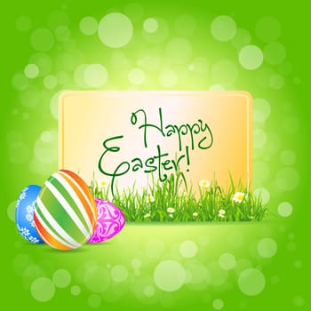 Easter Card with Grass and Decorated Eggs on Green Background