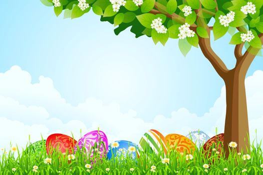 Green Tree Background with Easter Eggs, Tree , Grass, Flowers and Clouds