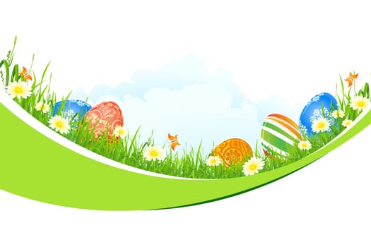 Beautiful Easter Background with Flowers Grass Clouds and Butterfly