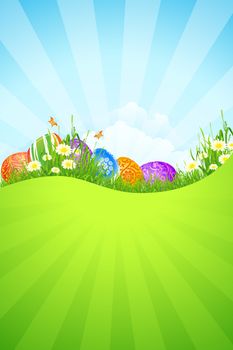 Beautiful Easter Background with Flowers Grass Clouds and Rays