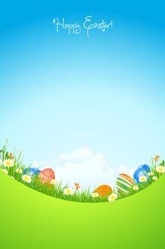 Easter Background with Flowers Grass Clouds and Butterfly