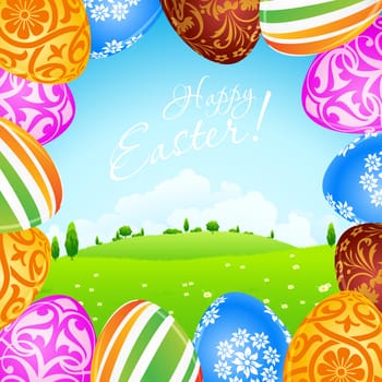 Green Landscape Background with Easter Eggs, Flowers, Trees and Clouds