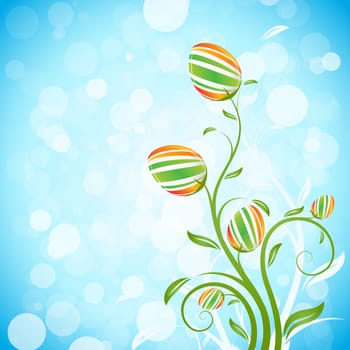 Easter Background with Decorated Eggs on Blue Background