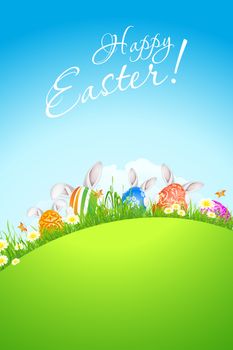 Green Landscape Background with Easter Eggs and Rabbits