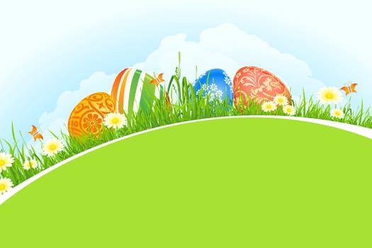 Beautiful Easter Background with Flowers Grass Clouds and Butterfly