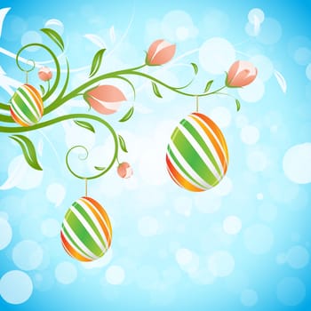 Easter Background with Decorated Eggs and Flowers