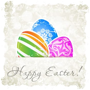 Grungy Easter Background with Decorated Eggs and Floral Background
