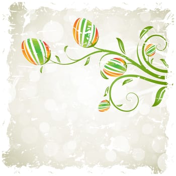 Grungy Easter Background with Decorated Eggs and Sprouts