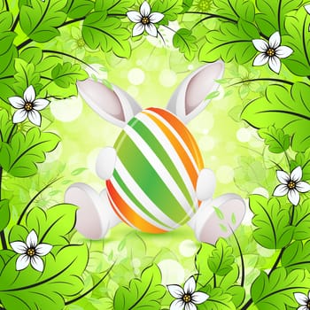 Easter Background with Flowers Egg and Rabbit