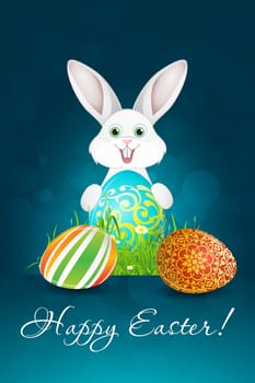 Easter Background with Flowers, Grass,  Eggs and Rabbit