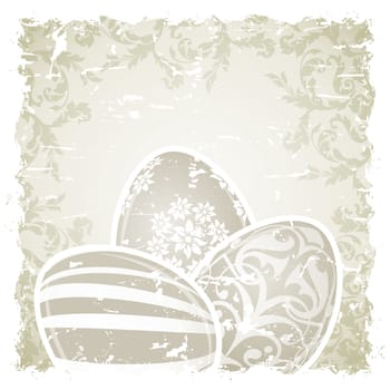 Grungy Easter Background with Decorated Eggs and Floral Elements