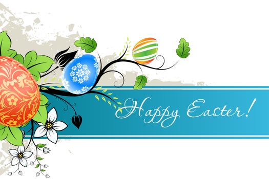 Grungy Easter Background with Decorated Eggs and Flowers