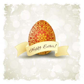 Grungy Easter Background with Decorated Egg and Ribbon