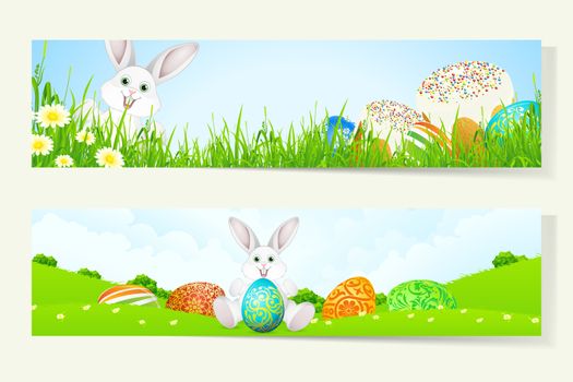 Set of Two Easter Banners with Decorated Eggs and Rabbit