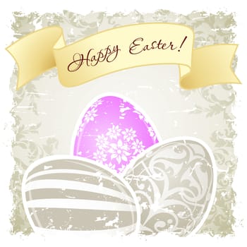 Grungy Easter Background with Decorated Eggs and Floral Elements